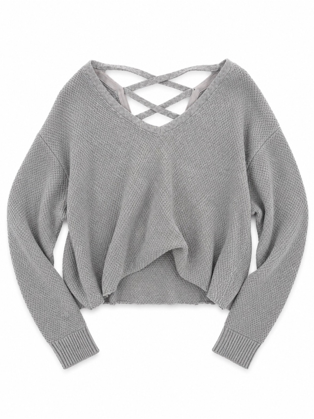 🩶 Gray Criss-Cross Back Waffle Knit Sweater